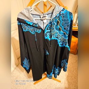 Metropolitan Black Blue Patterned Lightweight Zip Hooded Jacket Plus Size 2X